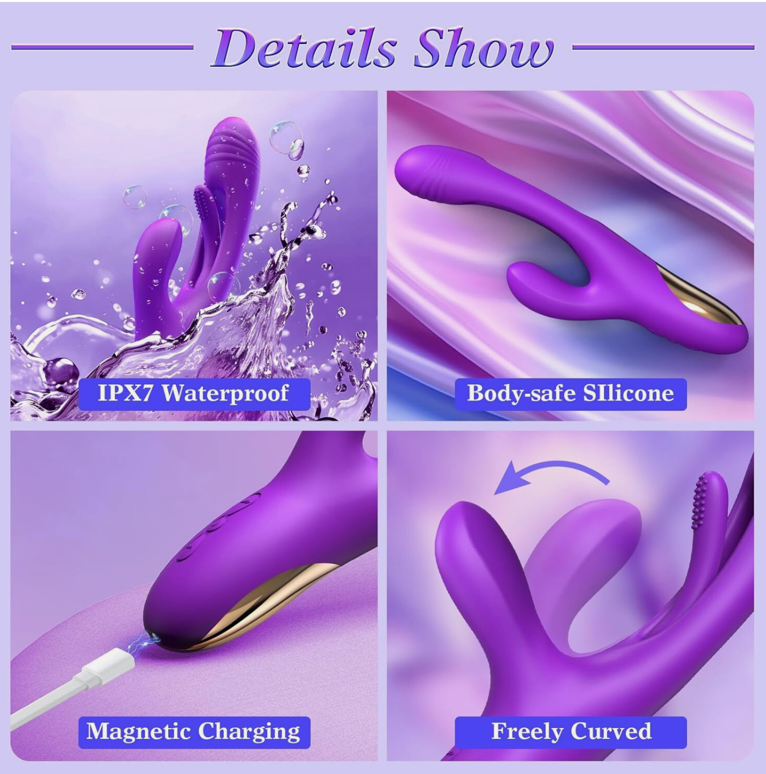 Purple silicone product with features labeled on a purple background