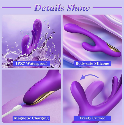 Purple silicone product with features labeled on a purple background