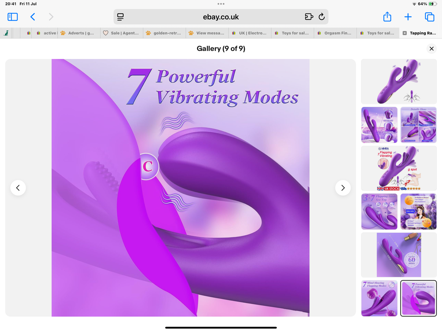Product packaging with '7 Powerful Vibrating Modes' text on a purple background, displayed on eBay.co.uk.