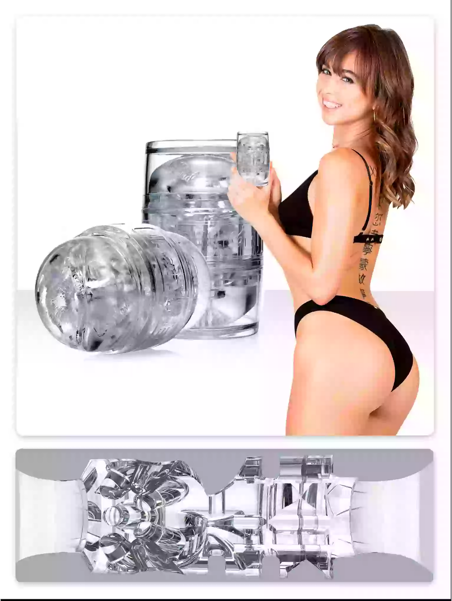 Woman holding a clear plastic product with additional products displayed below on a white background