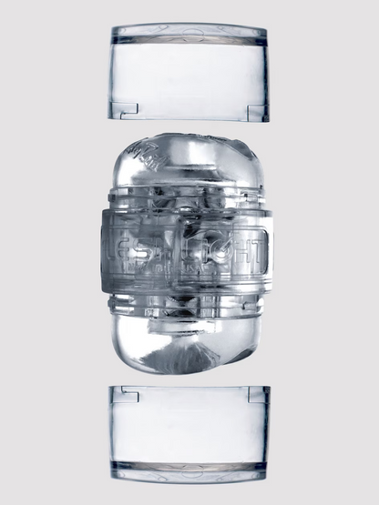 Clear glass water filter with three components on a light gray background