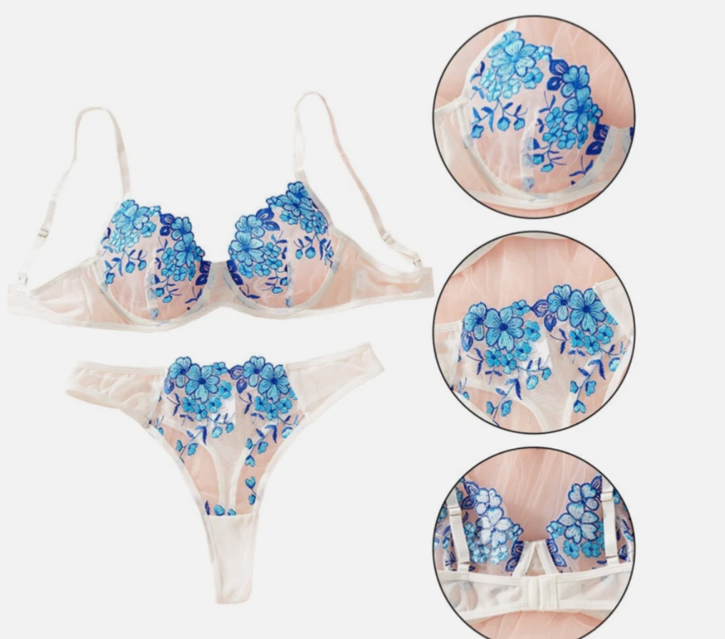 Floral-patterned lingerie set with close-up details on a white background