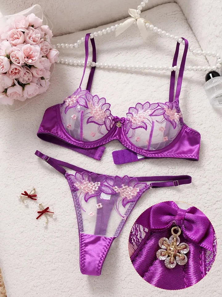 Floral Embroidery Mesh Underwire Bra & Panty Lingerie Set UK