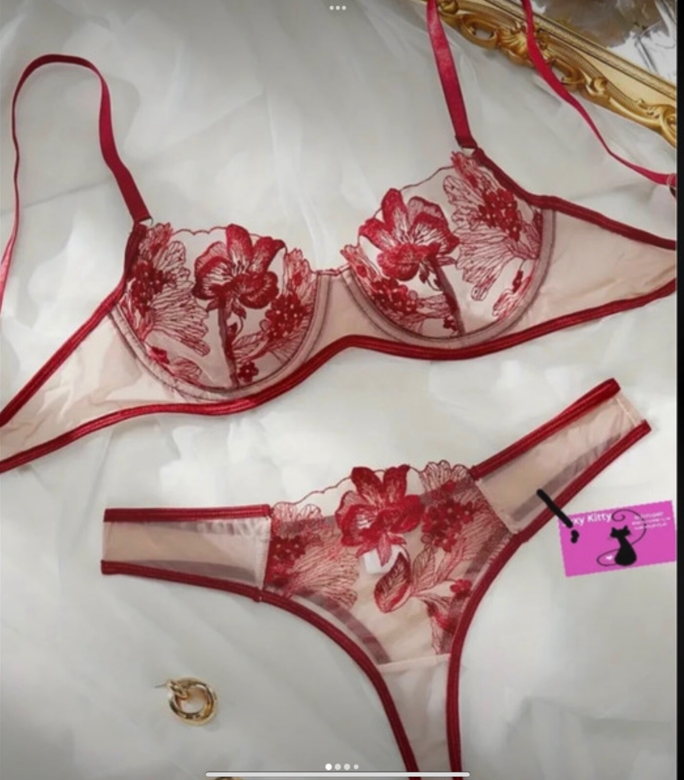 Floral Embroidery Mesh Underwire Bra & Panty Lingerie Set UK