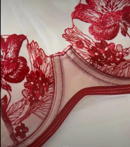 Floral Embroidery Mesh Underwire Bra & Panty Lingerie Set UK