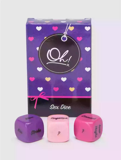 Sex dice set with a purple packaging box featuring heart patterns and the brand 'Oh!'.