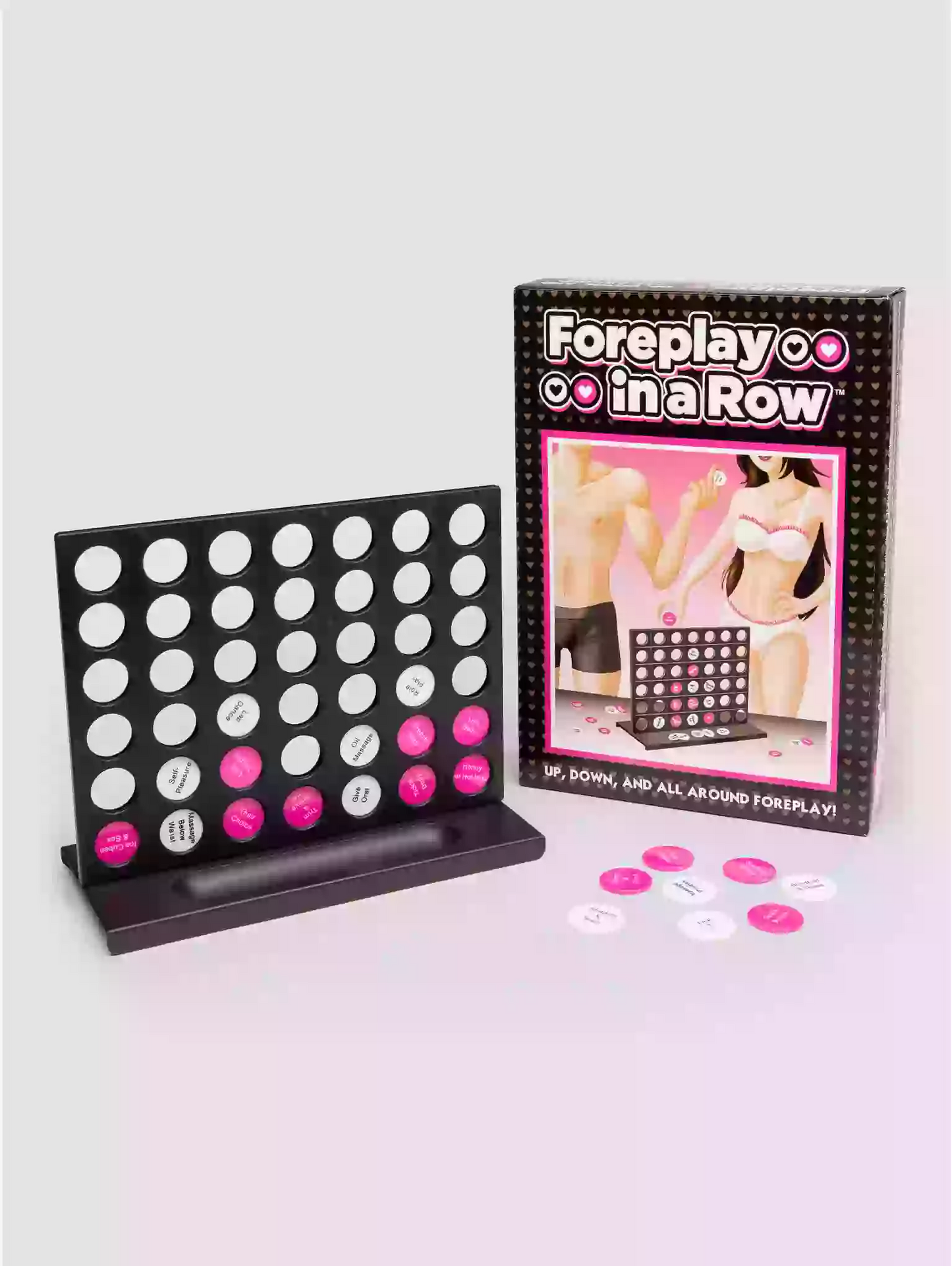 Board game titled 'Foreplay in a Row' with connectors on a light gray background