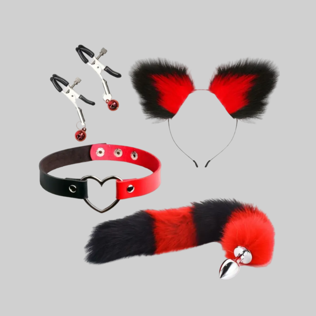 Headband with fox and cat tail – sexy cosplay accessory with cute soft cat ears and metal plug, adult roleplay costume toy for intimate fun