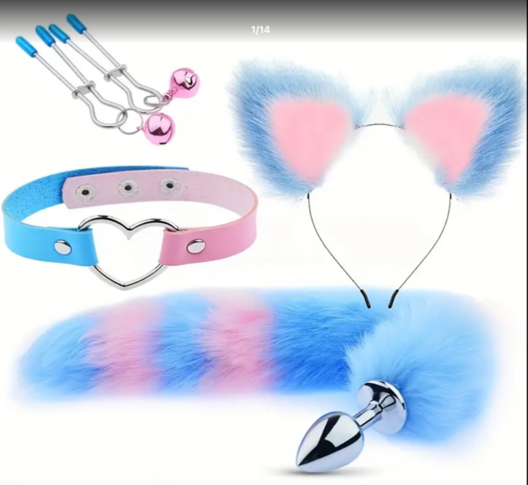 Headband with fox and cat tail – sexy cosplay accessory with cute soft cat ears and metal plug, adult roleplay costume toy for intimate fun