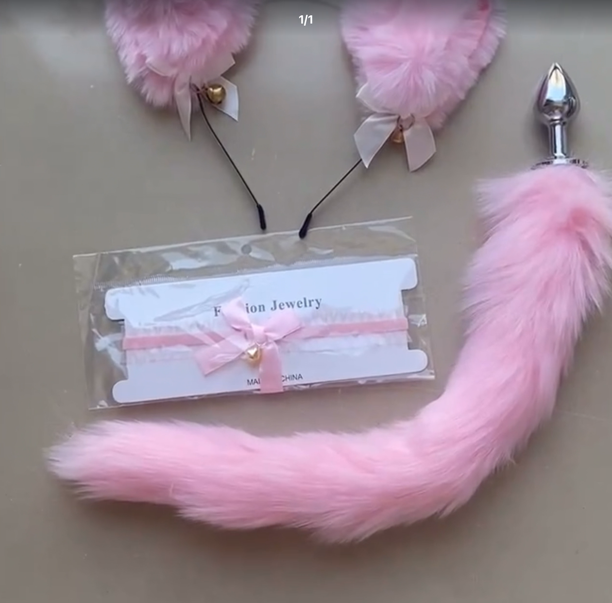 Headband with fox and cat tail – sexy cosplay accessory with cute soft cat ears and metal plug, adult roleplay costume toy for intimate fun