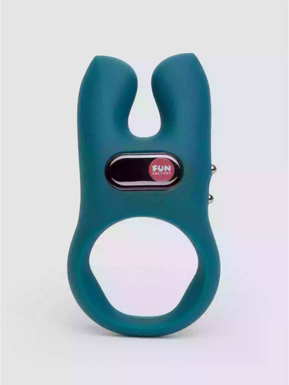 Teal electronic device with a circular component on a white background