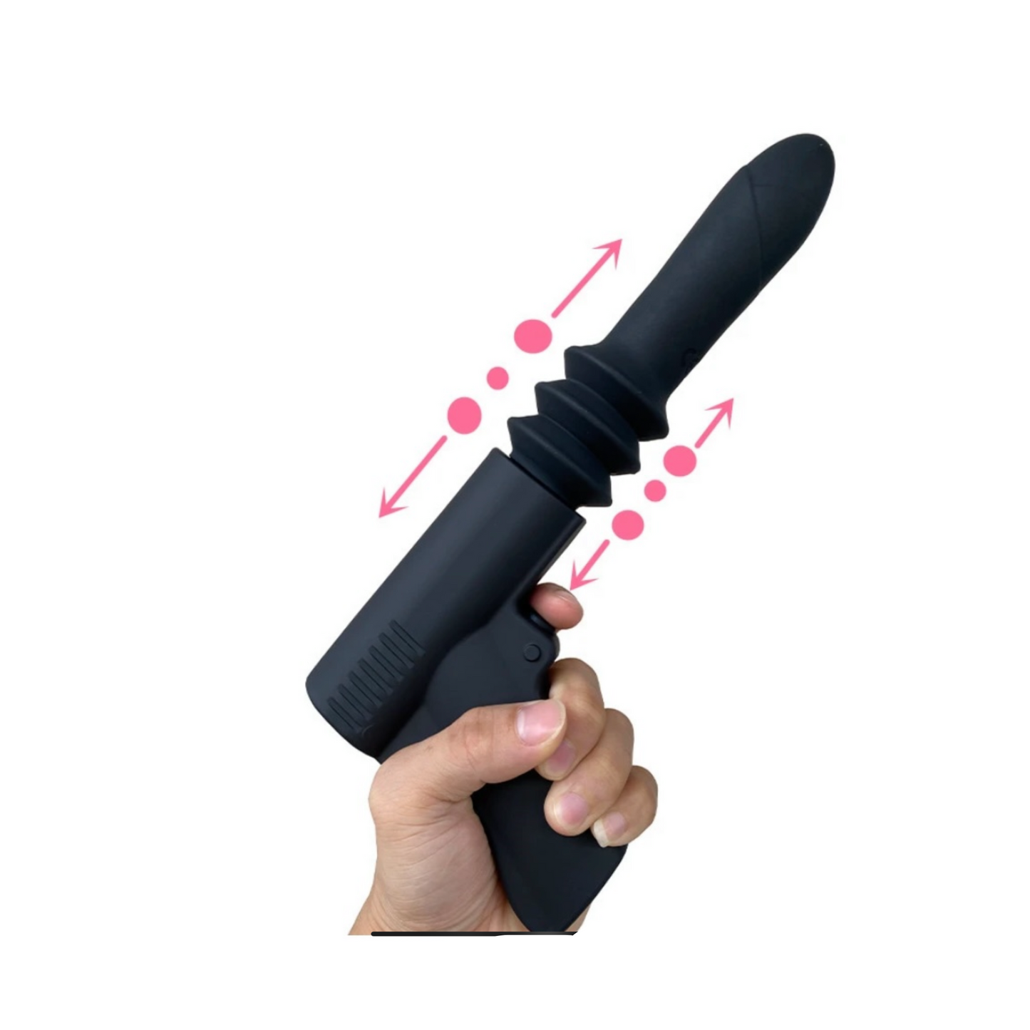 Black handheld device with pink arrows and dots on a white background