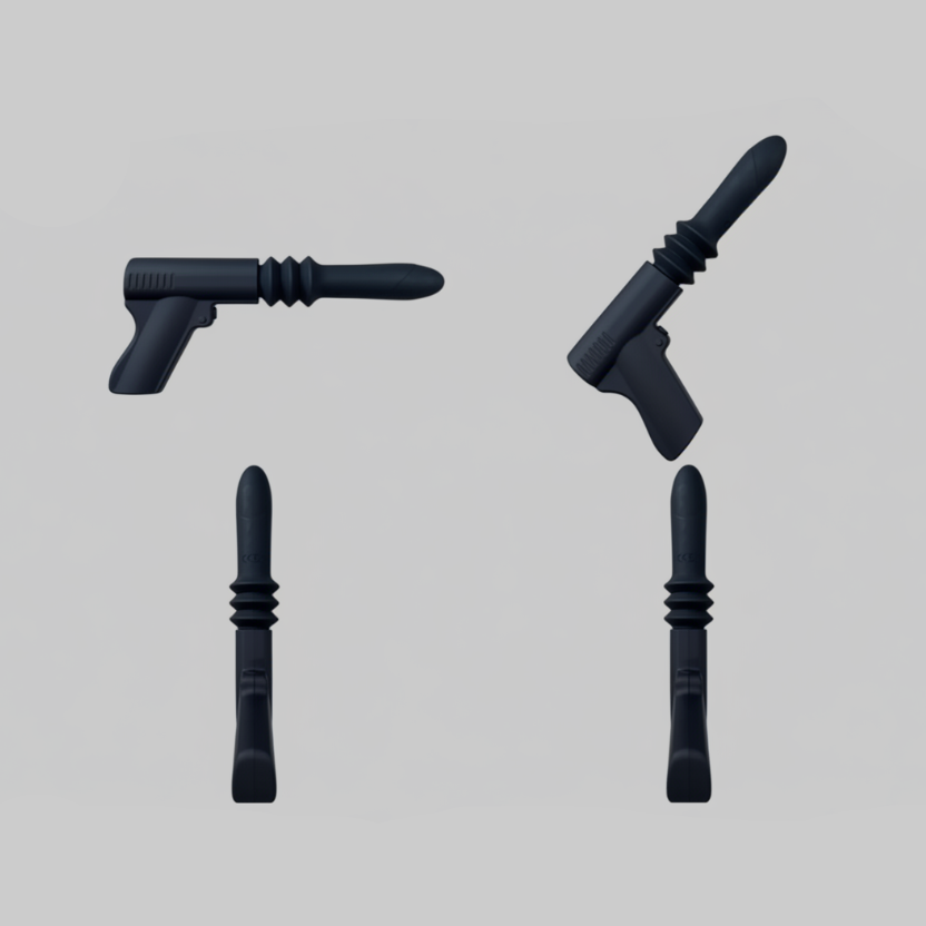 Set of black plastic components on a gray background