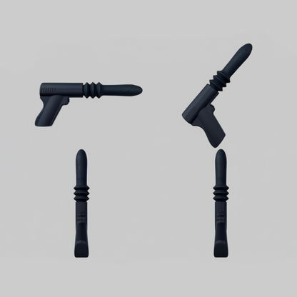 Set of black plastic components on a gray background