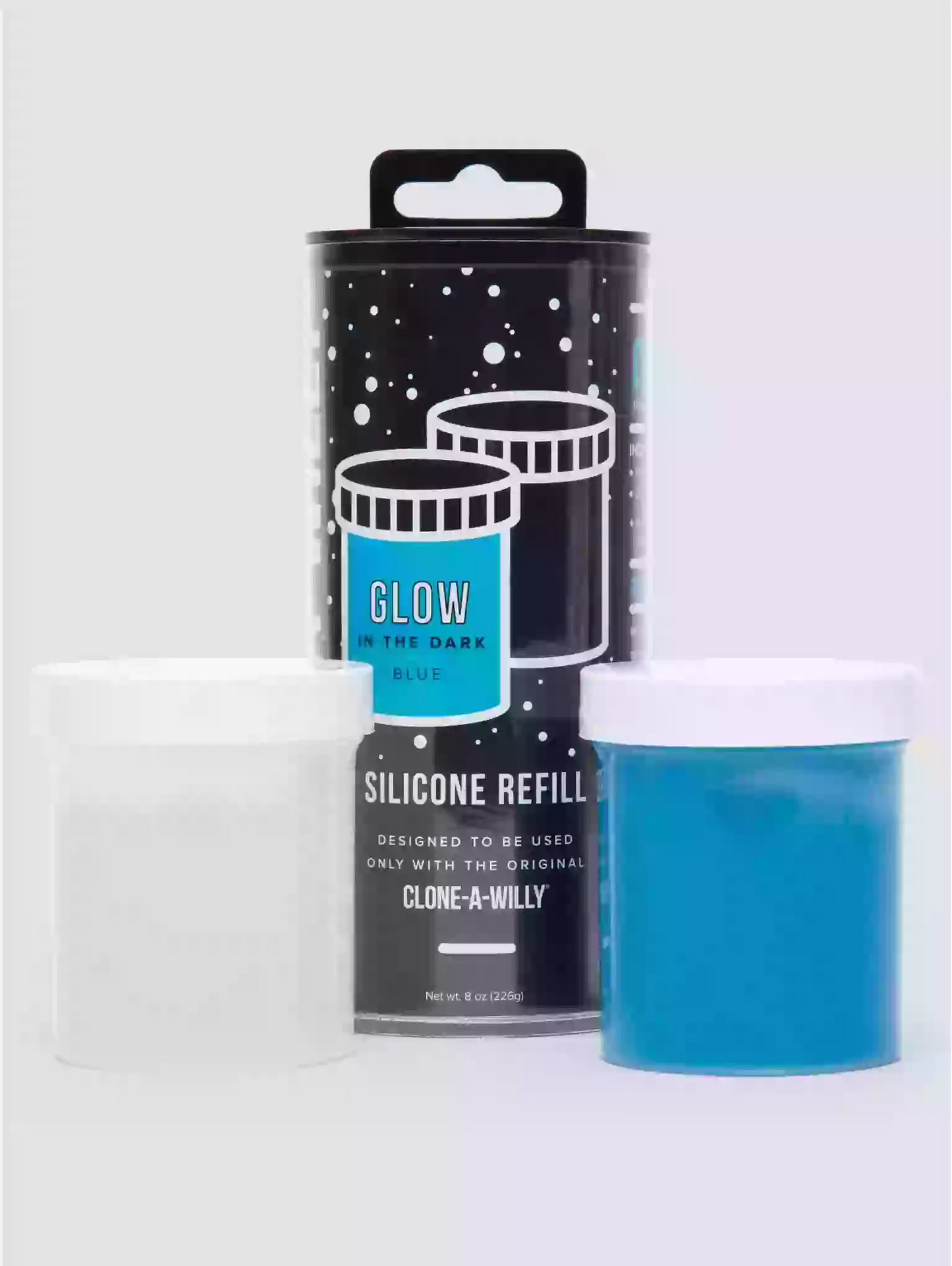 Blue silicone refill with packaging on a white background