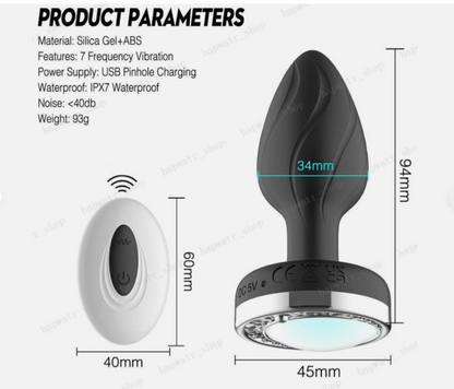 Black electronic device with dimensions and product parameters on a white background
