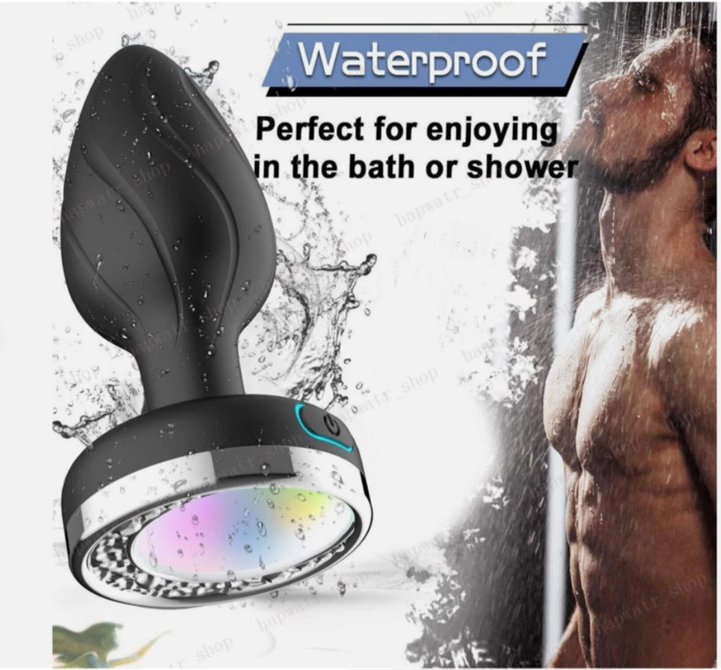 Black handheld showerhead with LED light, labeled 'Waterproof', next to a person showering.
