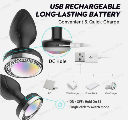 Black and purple electronic device with 10 vibrating mode indicators on a white background