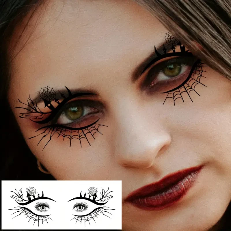 Close-up of a person's eye with spiderweb eyelashes and inset showing the product packaging.