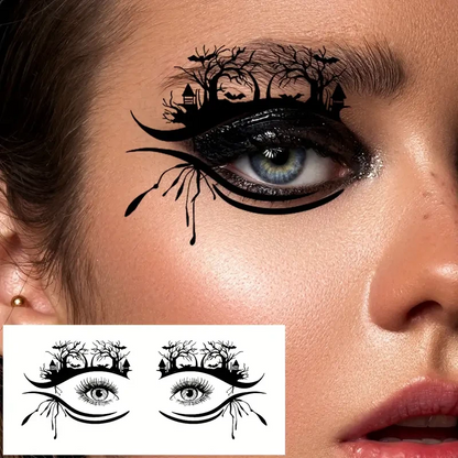 Eyeliner design inspired by nature with a close-up of an eye and a sheet of temporary tattoos showing similar designs.