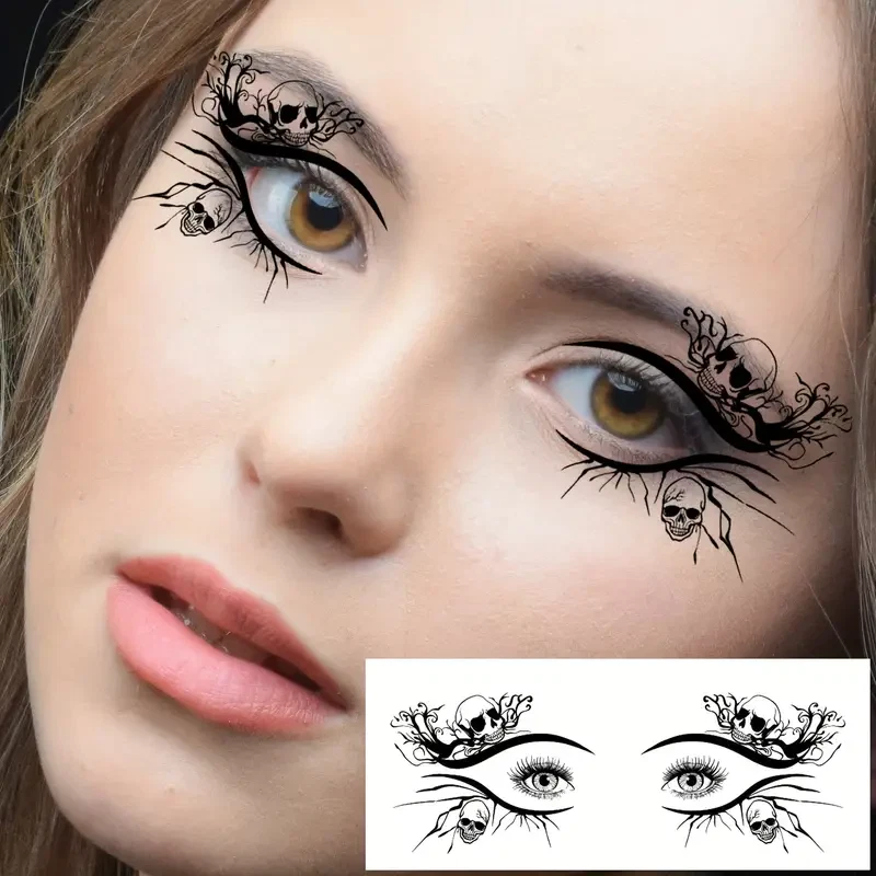 Woman's face with decorative eye tattoos and a small inset showing the designs.