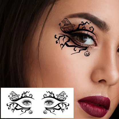Woman with temporary tattoo of a witch's hat and eye design on her face, with a close-up inset showing the design.