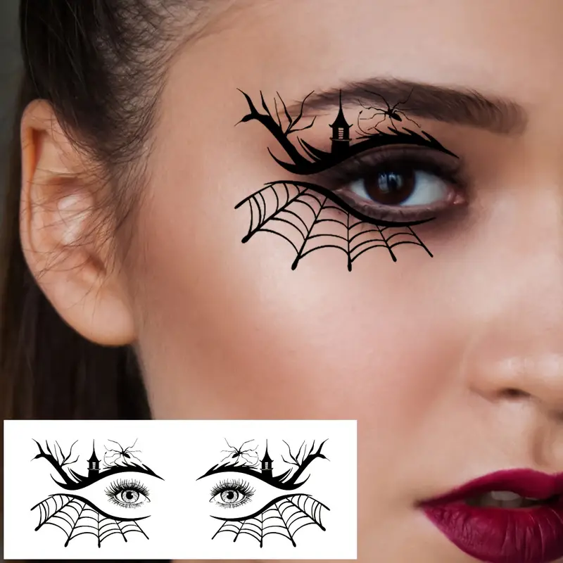 Woman with spider web and castle temporary tattoo on her eye, with a close-up of the tattoo design.