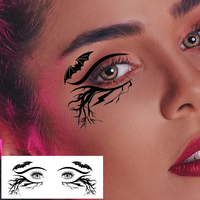 Close-up of a woman's eye with a decorative black tattoo, inset with additional tattoos.