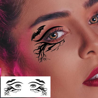 Close-up of a woman's eye with a decorative black tattoo, inset with additional tattoos.