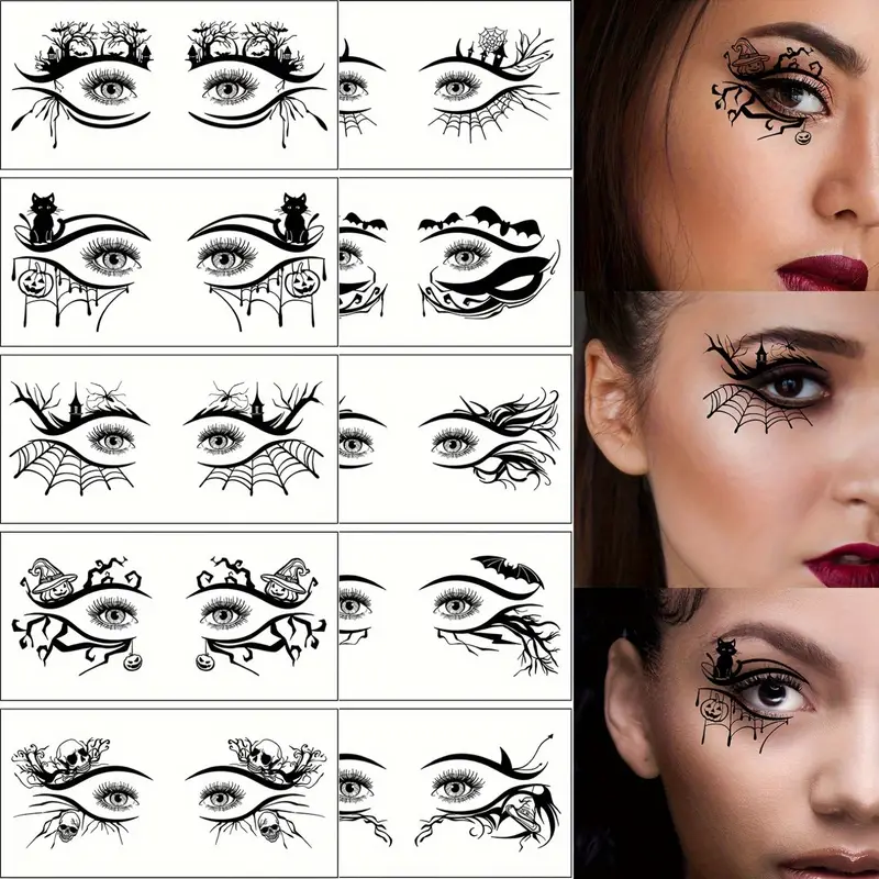 Collection of eye makeup designs on a grid layout with close-up examples on a woman's face.