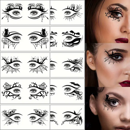 Collection of eye makeup designs on a grid layout with close-up examples on a woman's face.