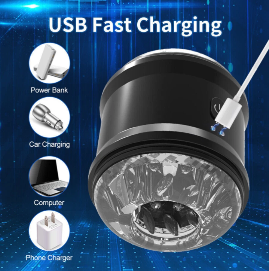 LED light with USB cable on a blue background with text 'USB Fast Charging' and icons for power bank, car charging, computer, and phone charger.
