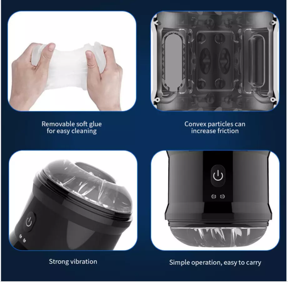 Product features with text on a blue background