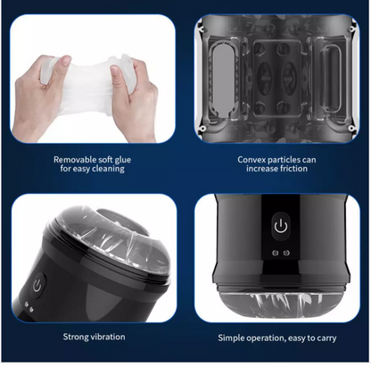 Product features with text on a blue background