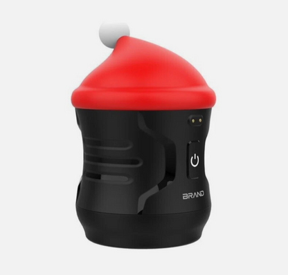 Black and red device with a power button on a white background