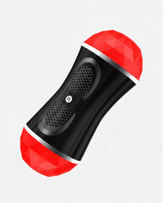 Black and red handheld device on a light gray background