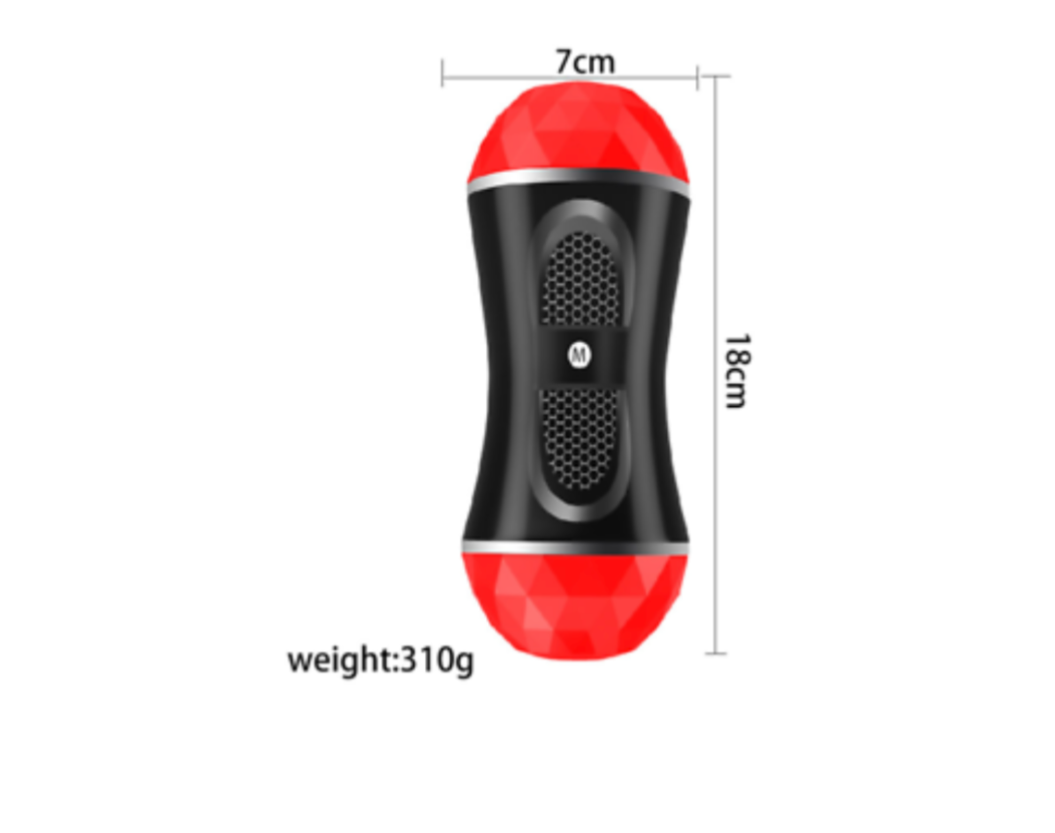 Black and red device with measurements and weight displayed on a white background