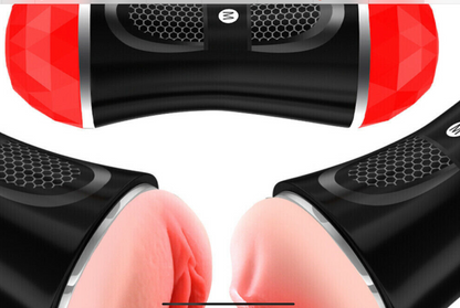 Close-up of a red and black hair dryer with a focus on the nozzle.