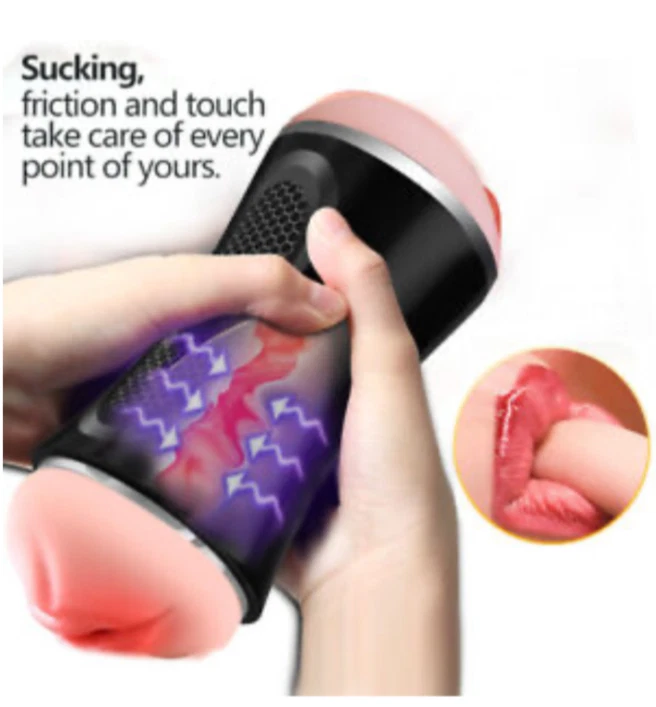 Handheld device with text about suction, friction, and touch on a white background.