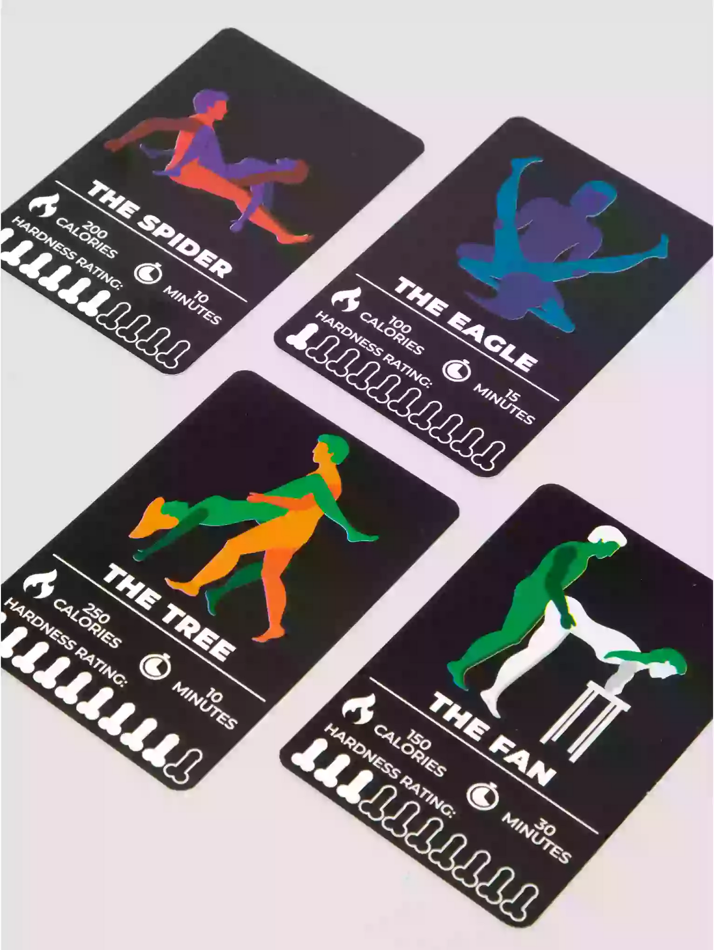 Four exercise cards with colorful figures and workout information on a light gray background