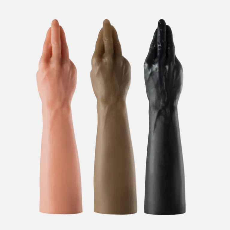 Three ceramic hand-shaped candle holders in different colors on a white background