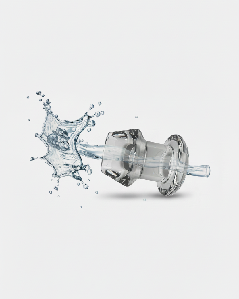 Clear water filter cartridge with water splash on a light gray background