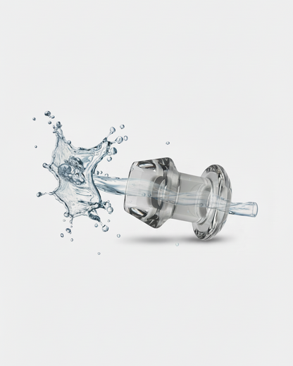 Clear water filter cartridge with water splash on a light gray background