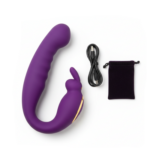 Purple silicone product with charging cable and pouch on a white background