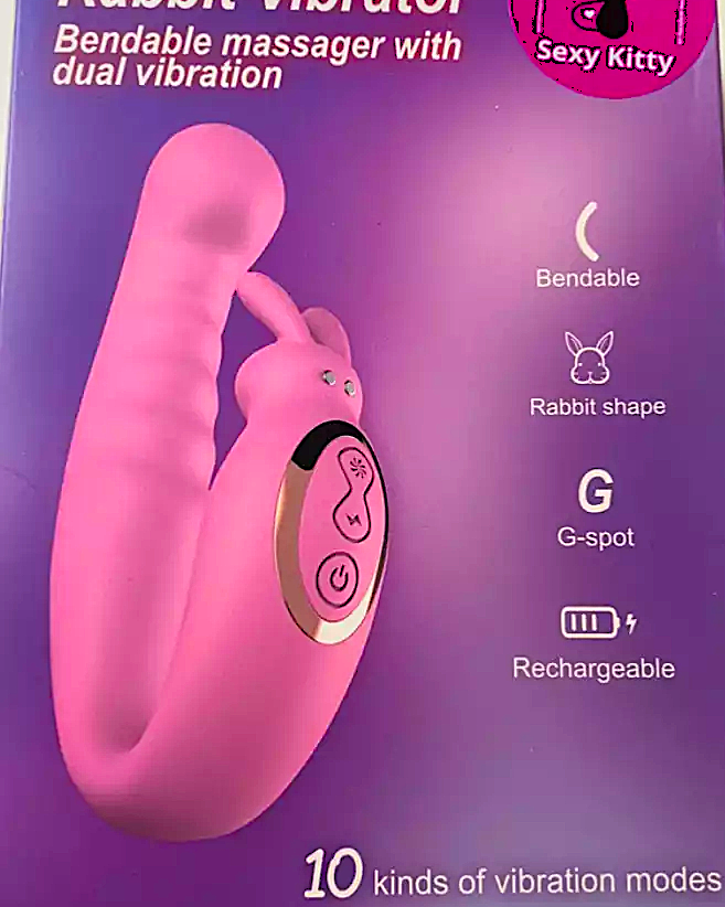 Pink bendable vibrator with packaging details on a purple background