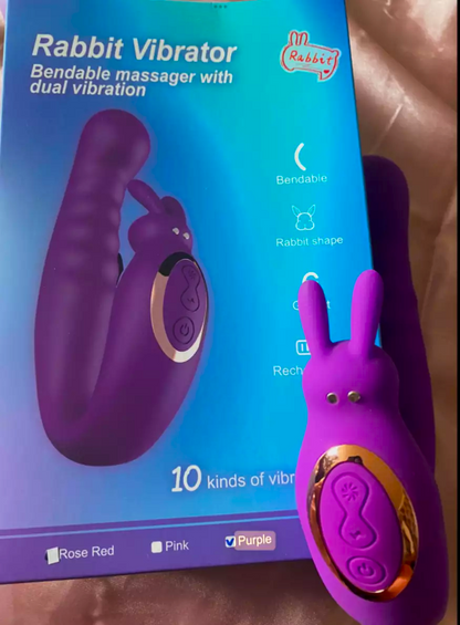 Purple rabbit-shaped vibrator with packaging in the background