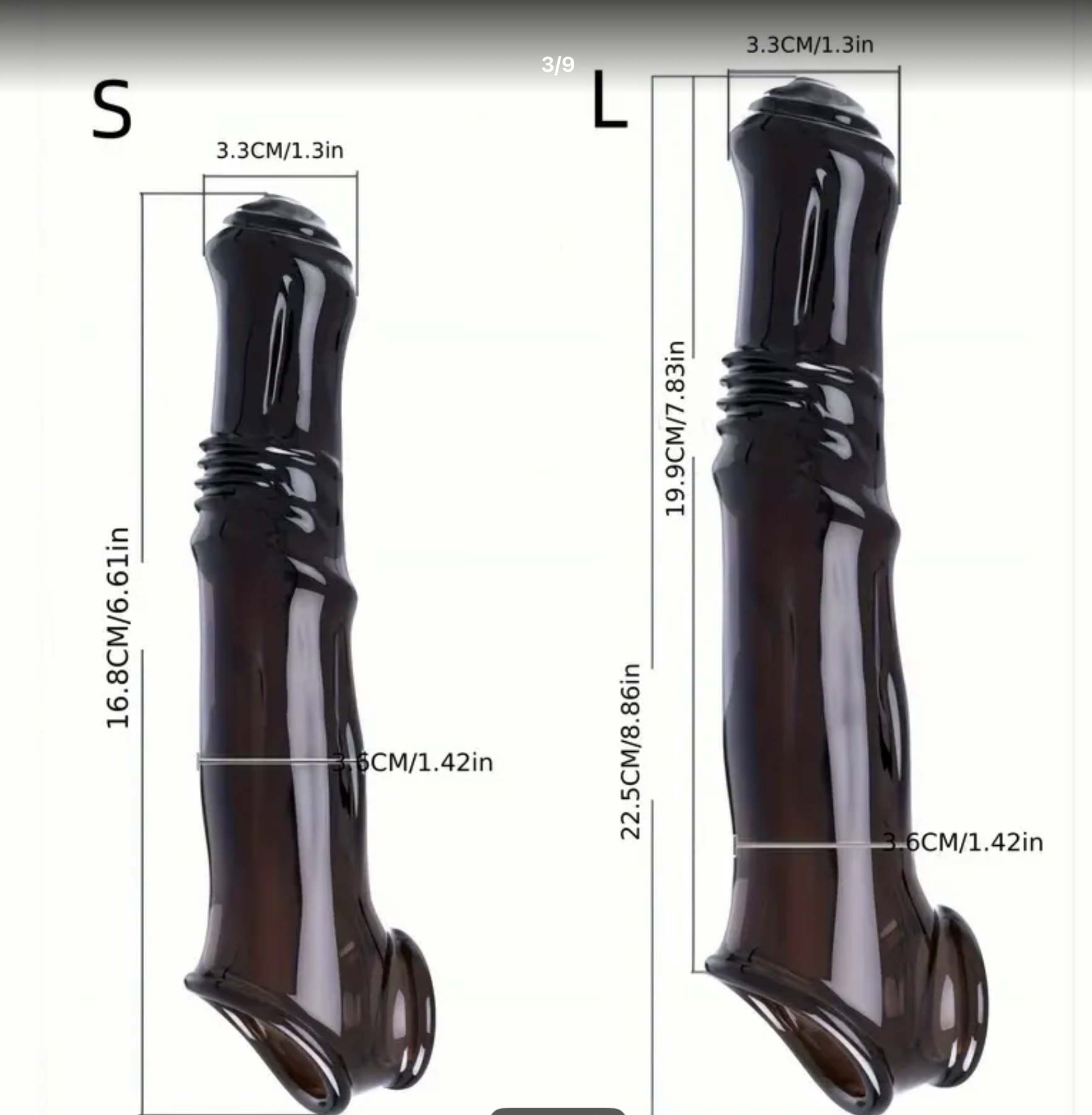 Measurement chart comparing small (S) and large (L) sizes of a black cylindrical object.