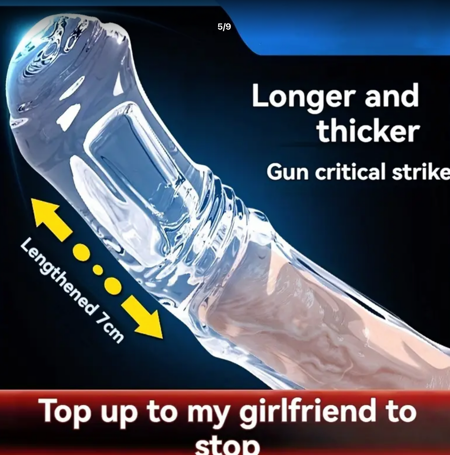 Product with text indicating lengthening feature and humorous message.