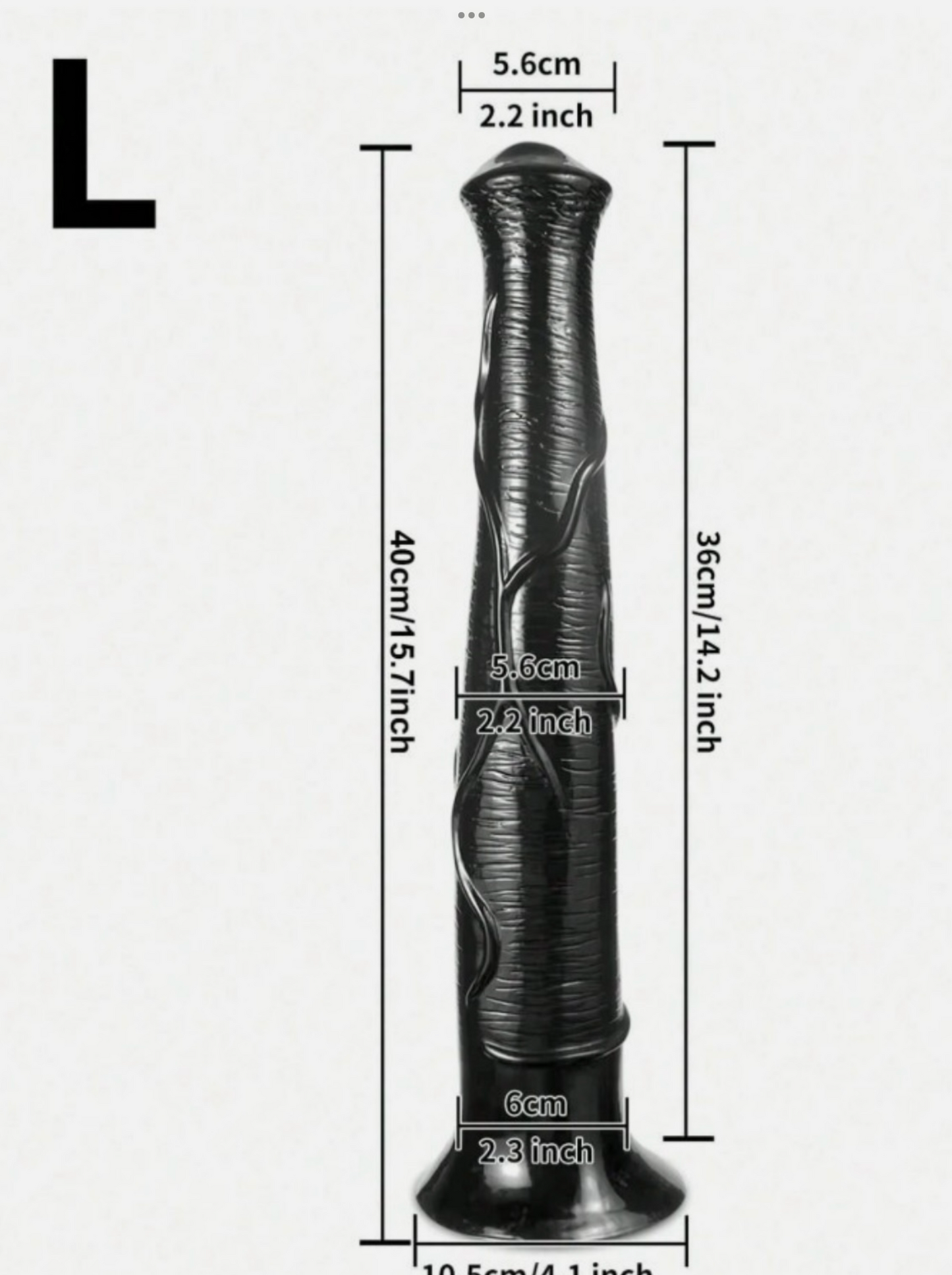 Black textured object with measurements on a white background