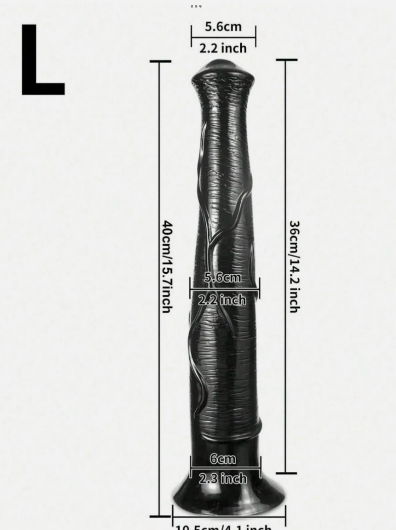 Black textured object with measurements on a white background